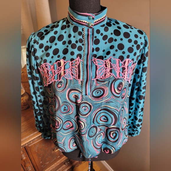 VINTAGE DIANE FREIS MIXED PATTERN PUFF SLEEVE DRAWSTRING WAIST BLOUSE - Picture 1 of 9